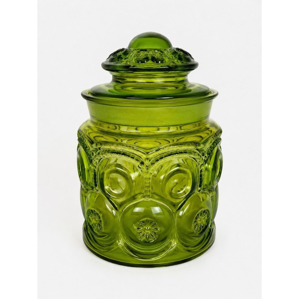Vintage L.E. Smith Moon & Stars Green Glass 5.5" Canister Jar w/Lid MCM